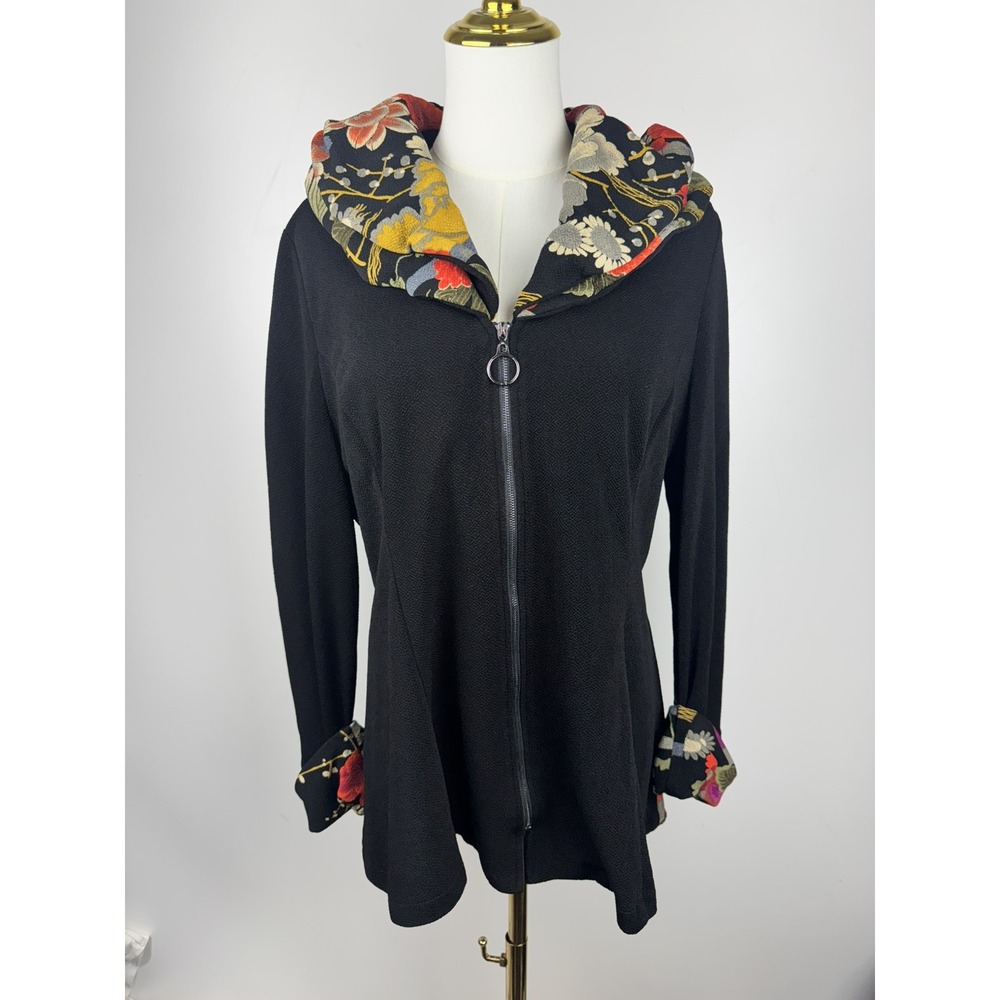 ⁠IC Collection Floral Trim Portrait Collar Zip Top Womens L Black Art to Wear US